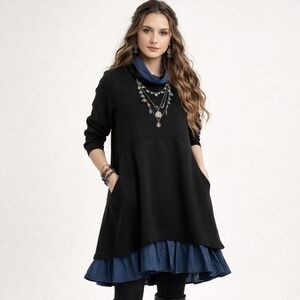 Mordenmiss Layered Dress Ruffled Hem Lagenlook Bohemian Black/Blue Size M NEW